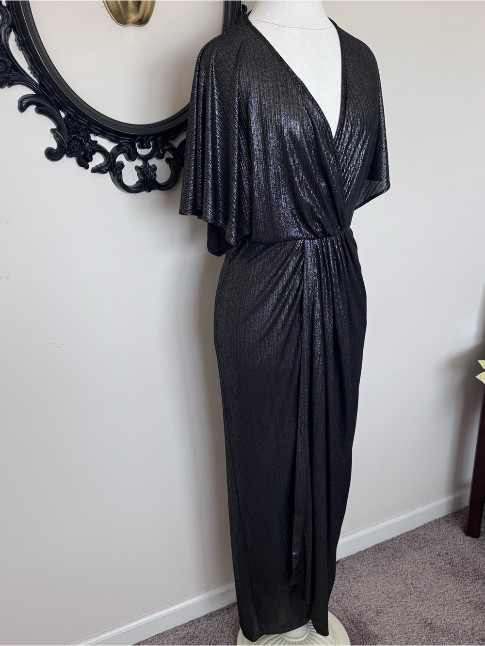 ASOS Dark Silver Black Metallic Wrap Kimono Maxi Dress - Picture 2 of 11
